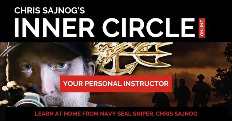 Picture of Chris Sajnog with a Navy SEAL Trident and an offer for his online firearms training